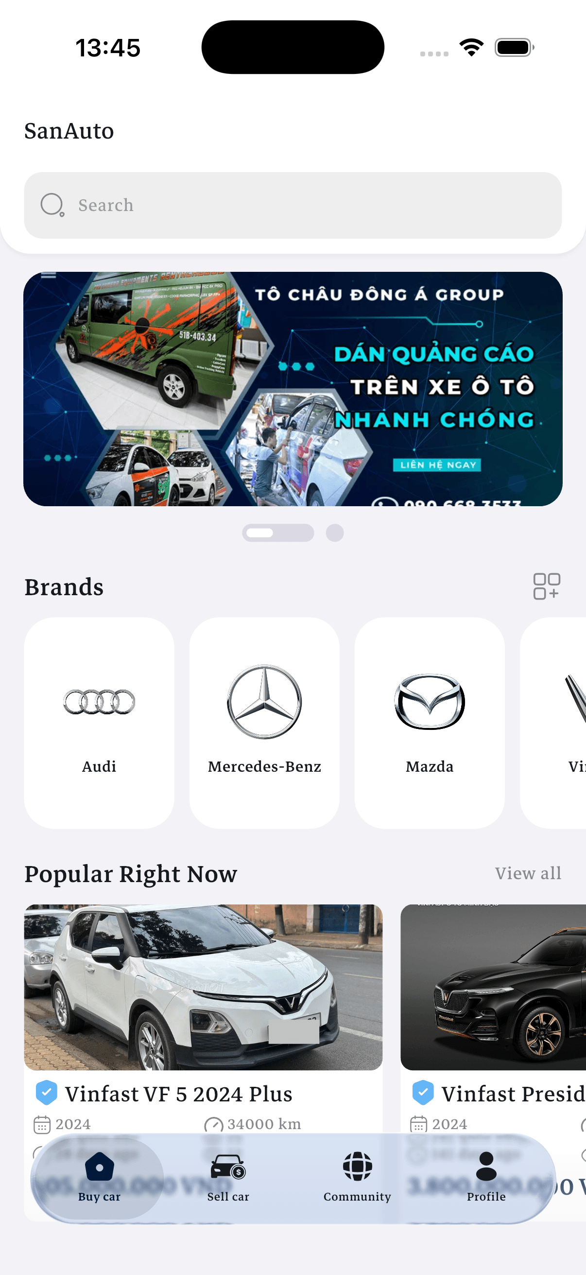 SanAuto Mobile Trading Interface Mockup